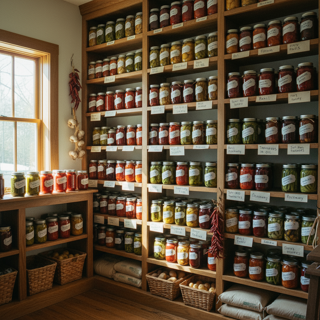Chapter 9: Full homestead pantry stocked with glass canning jars