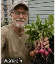 Thomas from Wisconsin holding fresh garden radishes