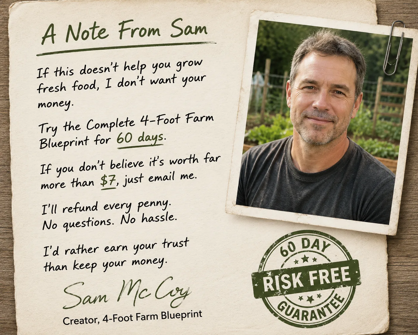 Sam McCoy, creator of The 4 Foot Farm Blueprint standing in front of organic raised garden beds